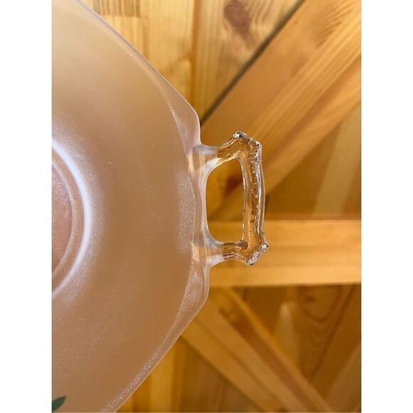 Vtg Pink Depression Frosted Glass Flower Hand Painted 2 Handle Dish 8.75” - Picture 5 of 8